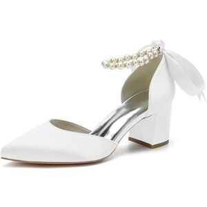 Women's Pointed Toe Pearl Wedding Shoes for Bride Low Heels Satin Heels with Bow